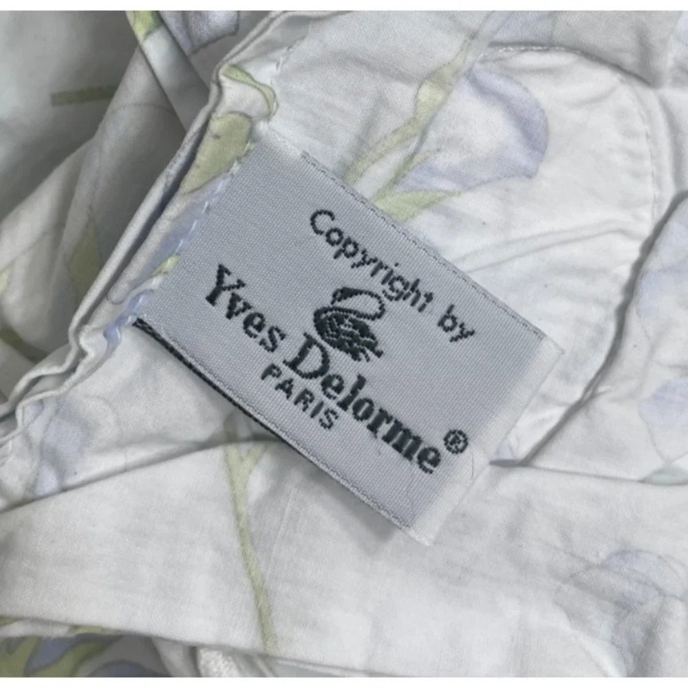 Vintage Yves Delorme Paris King Flat Sheet Blue Green Floral 103 x 99
